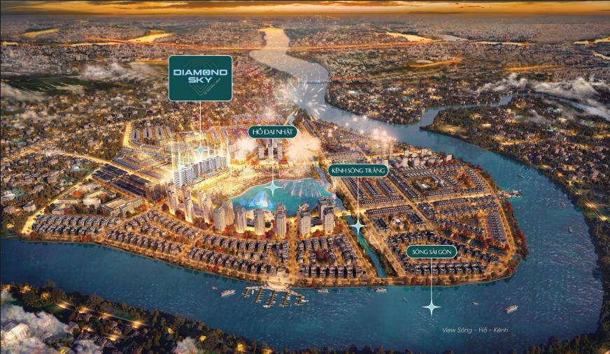 Toàn cảnh Vạn Phúc City trên bán đảo bên sông Sài Gòn, vị trí Diamond Sky cạnh hồ Đại Nhật
