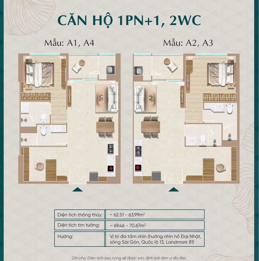 Mặt bằng căn hộ 1PN+1 Diamond Sky mẫu A1, A2, A3, A4